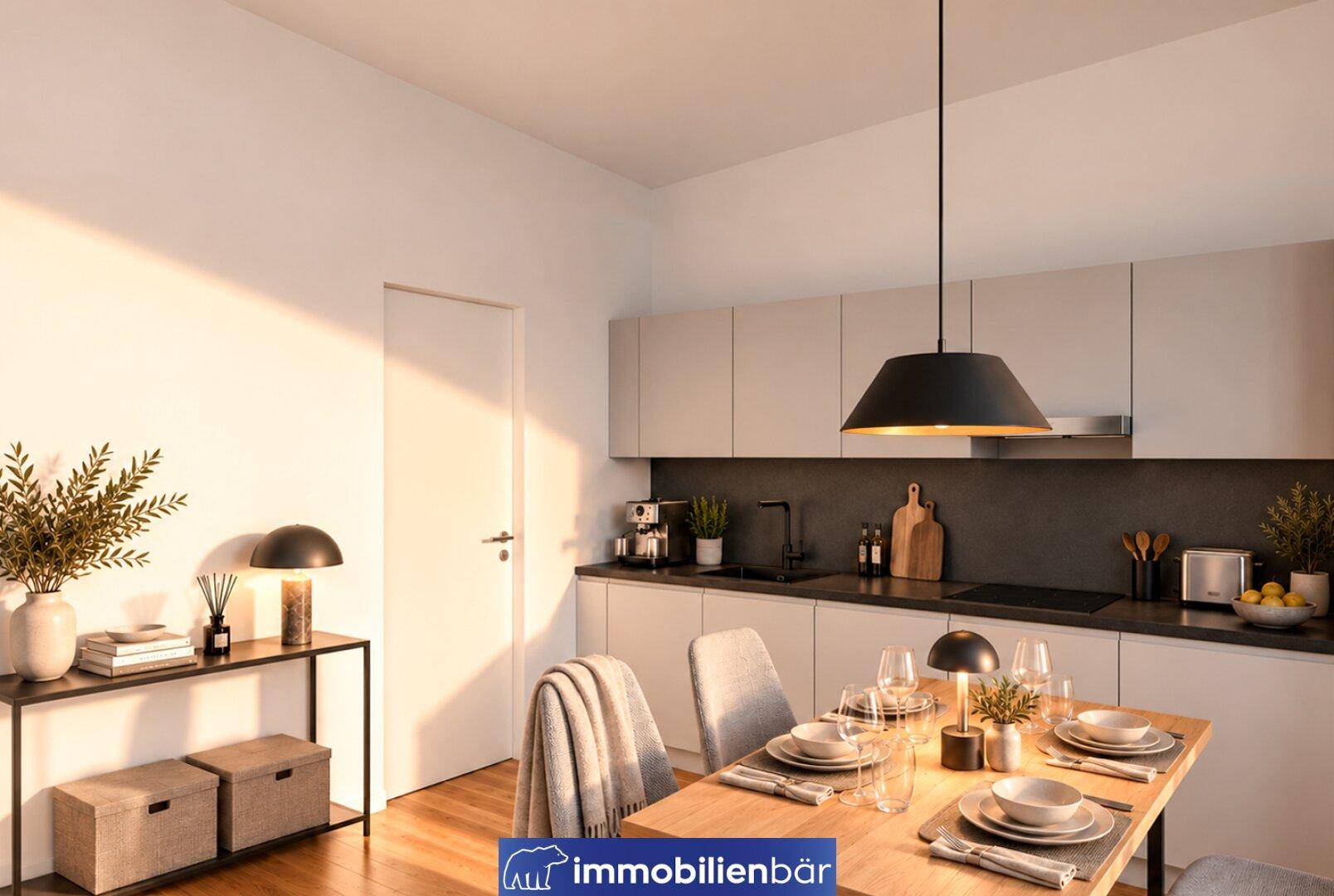 Moderne offene Küche mit Essbereich, hellen Schränken, Holzboden und viel natürlichem Licht.