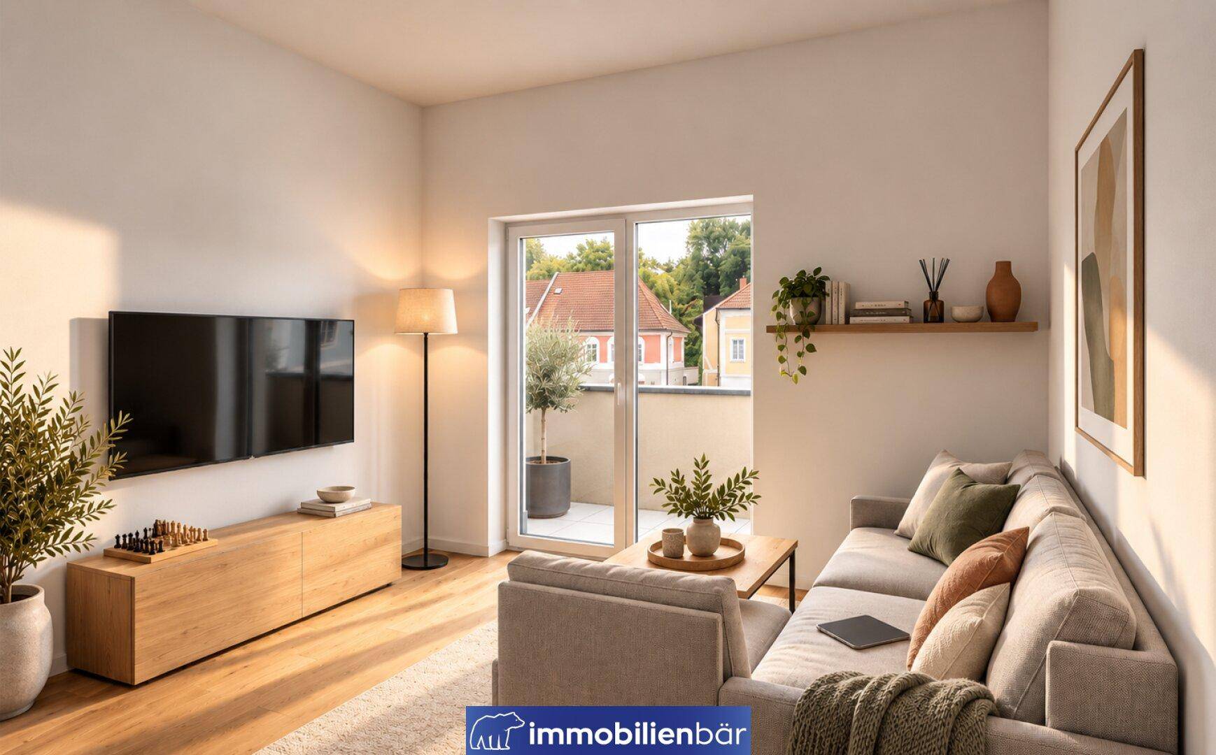 Gemütliches Wohnzimmer mit Sofa, Fernseher und direktem Zugang zu einem sonnigen Balkon.
