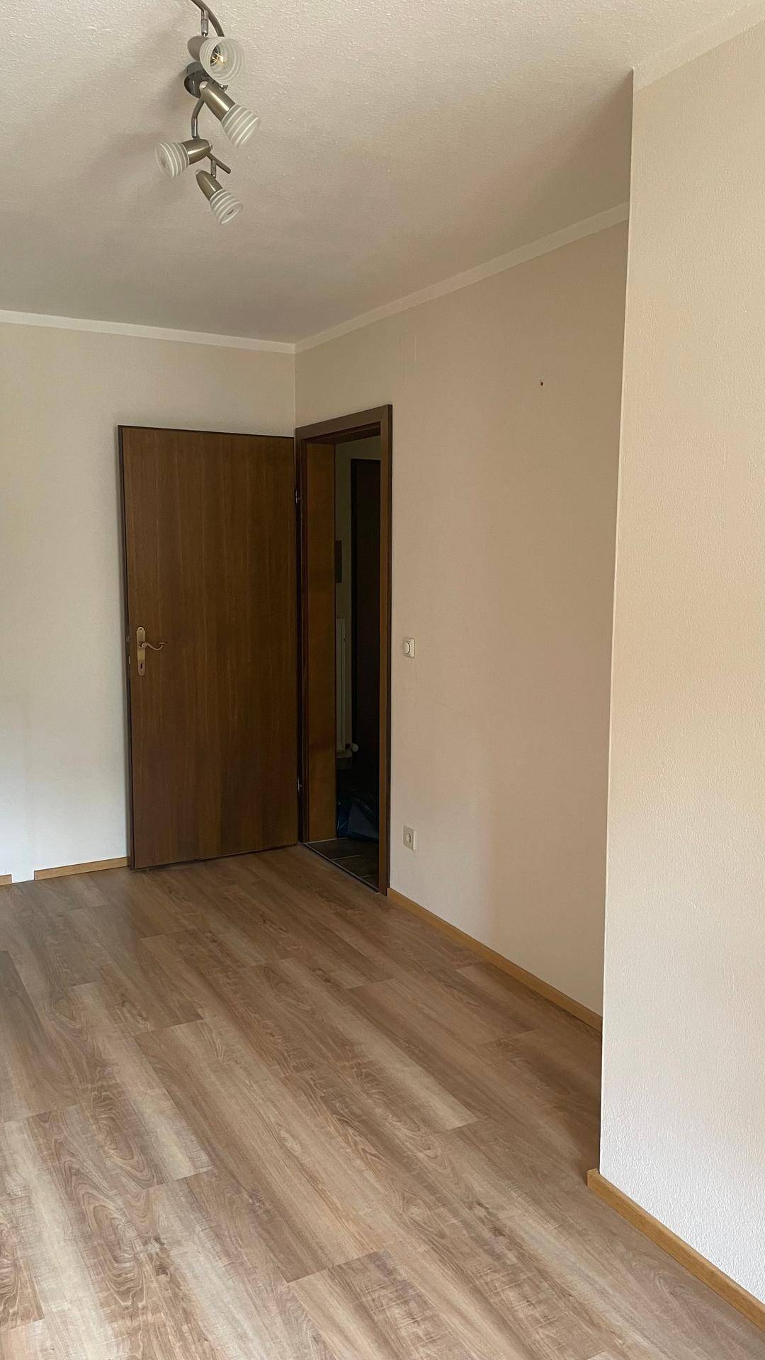 Heller Raum mit Laminatboden und einer Holztür, bietet flexible Nutzungsmöglichkeiten.