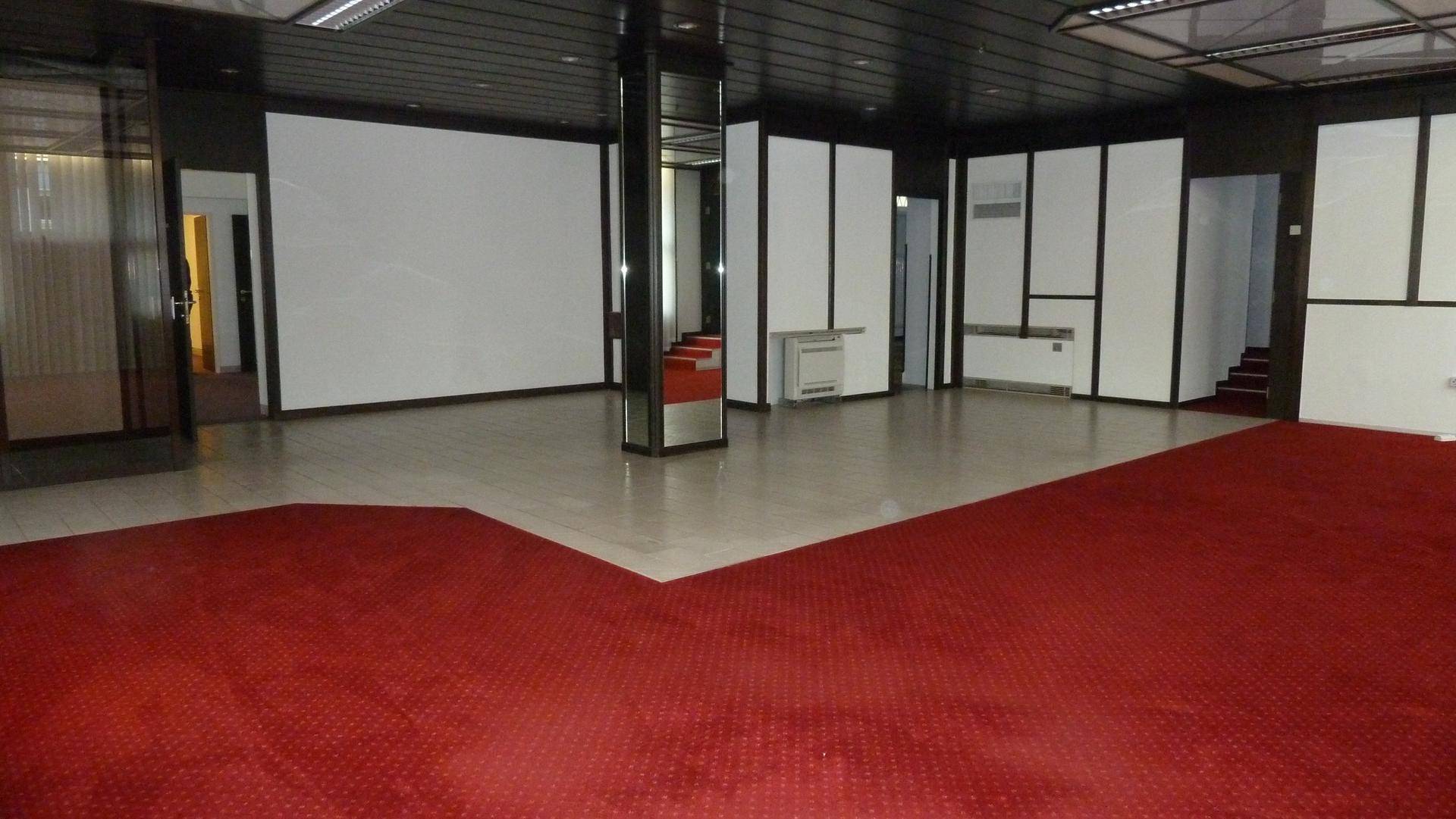 Weitläufiger Bürobereich mit rotem Teppichboden, hellen Fliesen und Raumteilern.