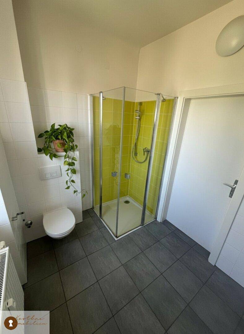 Badezimmer mit Duschkabine, WC und hellgrünen Fliesen in der Dusche.