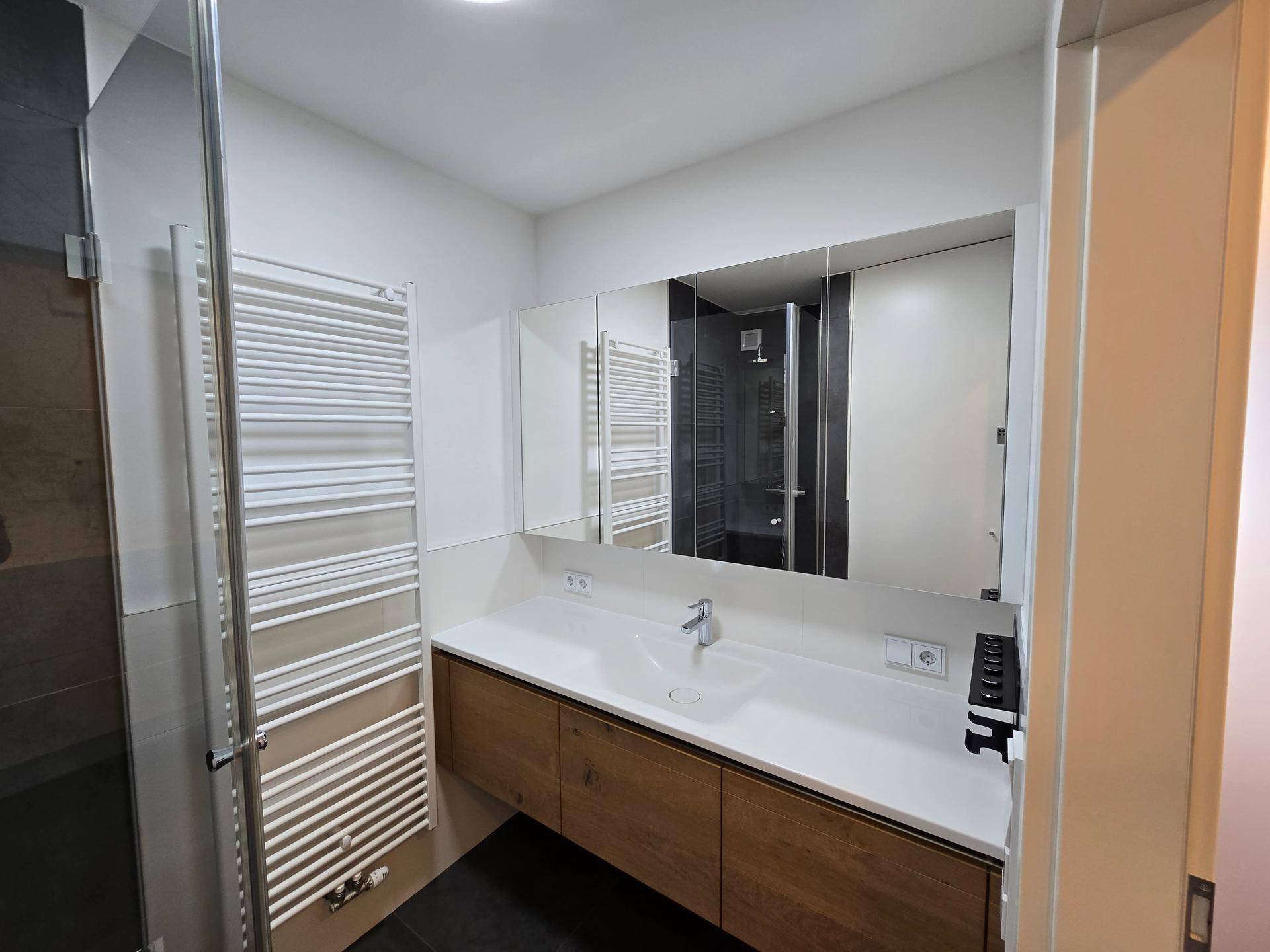 Modernes Badezimmer mit Waschtisch, Spiegel und beheiztem Handtuchhalter.