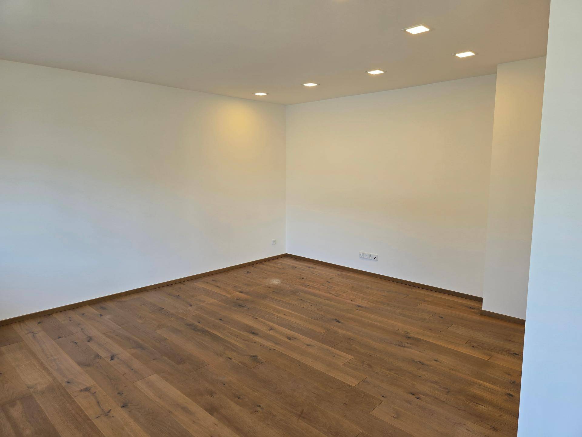 Geräumiger, heller Wohnraum mit Holzboden und moderner Einbau-Deckenbeleuchtung.