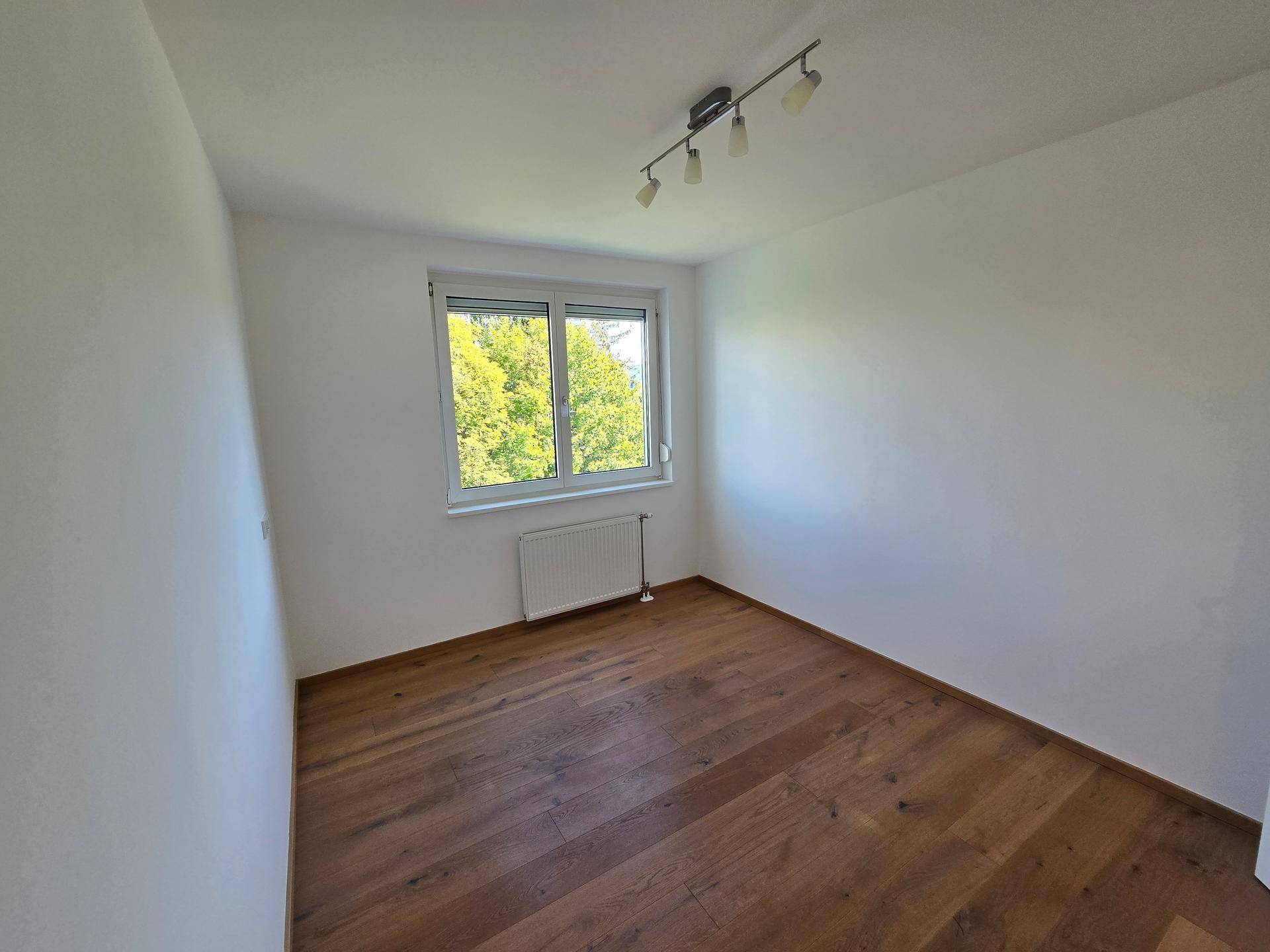 Leeres Zimmer mit Holzboden, weiß gestrichenen Wänden und grüner Aussicht.