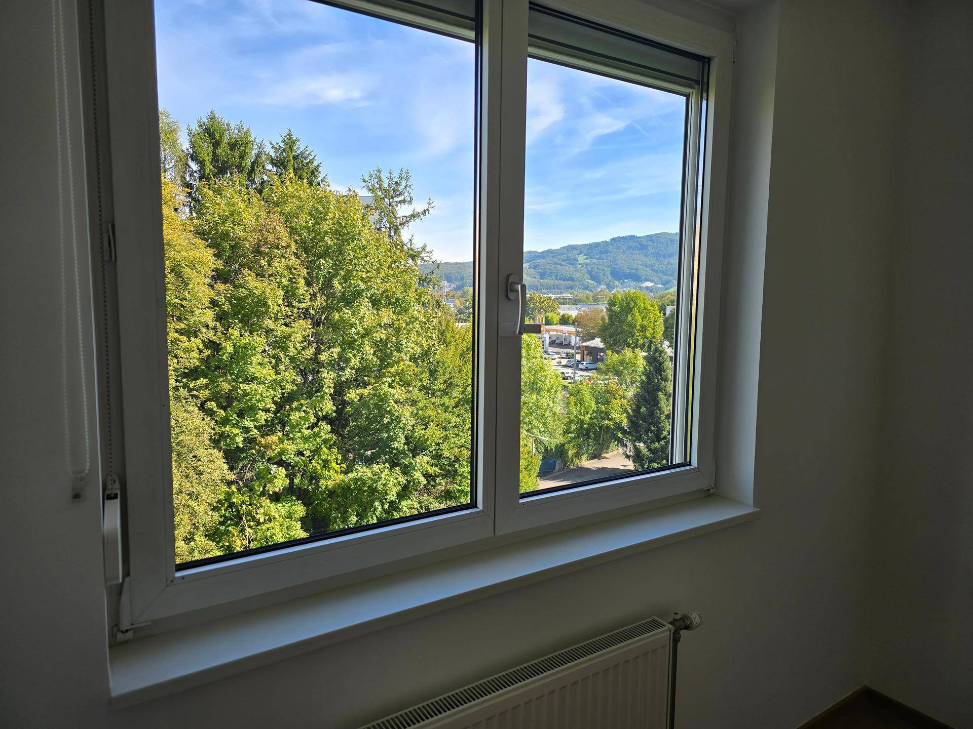 Fenster mit weitem Blick auf grüne Bäume und die umliegende Landschaft unter blauem Himmel.
