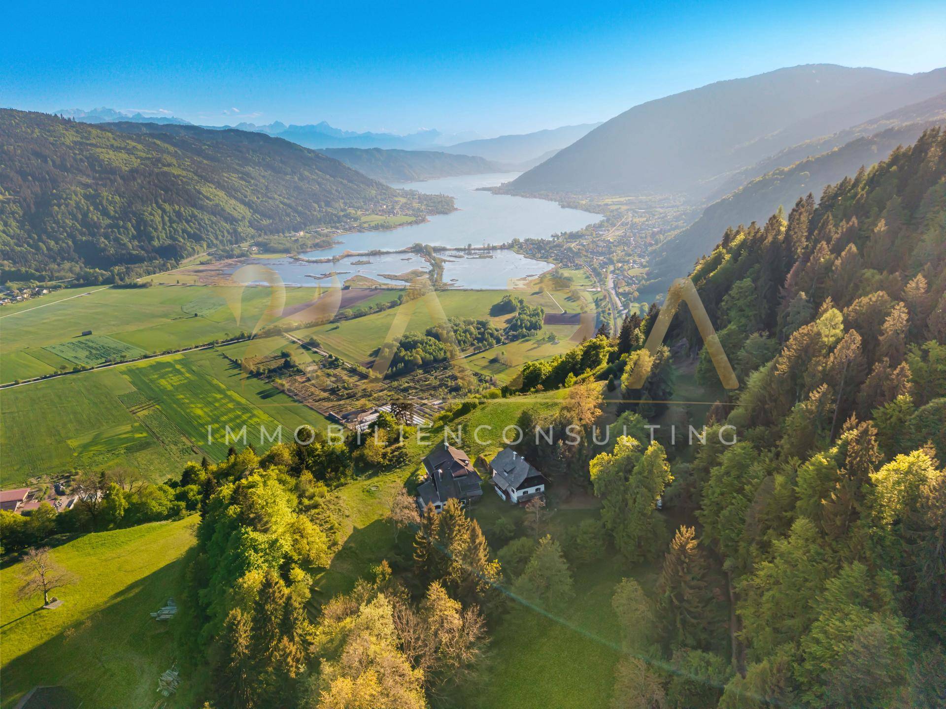 Weitwinkel-Luftaufnahme der Liegenschaft mit See- und Bergblick, umgeben von üppiger Natur.