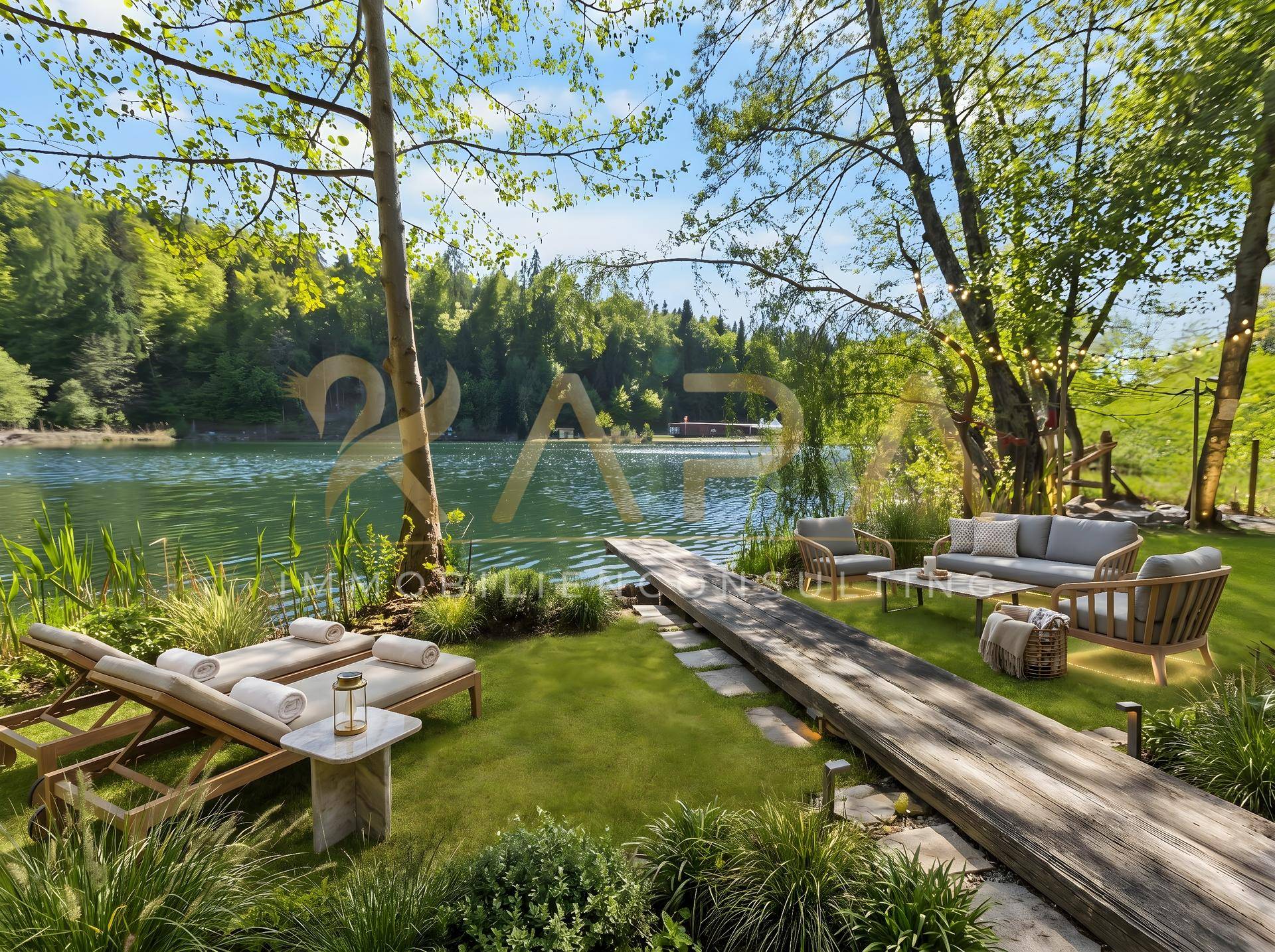 Elegante Outdoor-Lounge mit Sonnenliegen und Sitzgruppe direkt am Seeufer, umgeben von Natur.