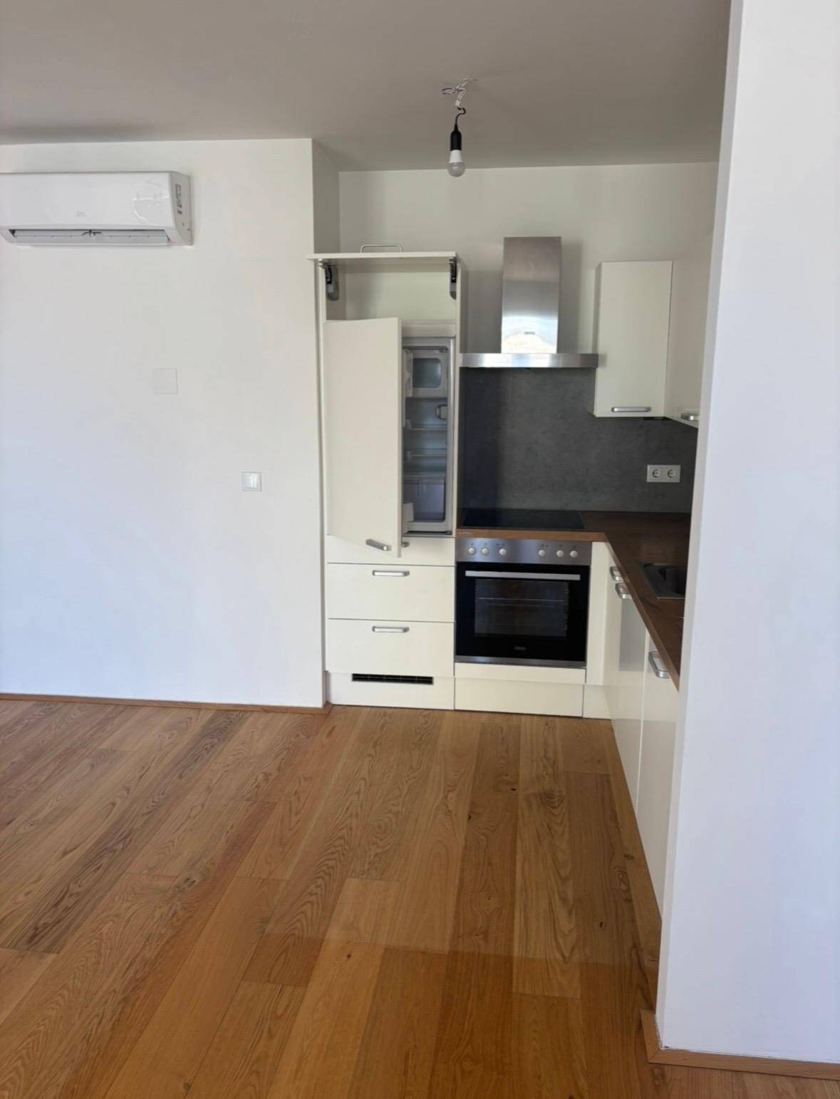 Moderne Einbauküche mit weißen Schränken, integriertem Kühlschrank und Dunstabzugshaube.