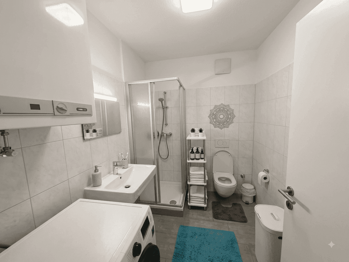 Funktionales Badezimmer mit Dusche, WC, Waschbecken und Waschmaschine, hell gefliest und sauber gehalten.