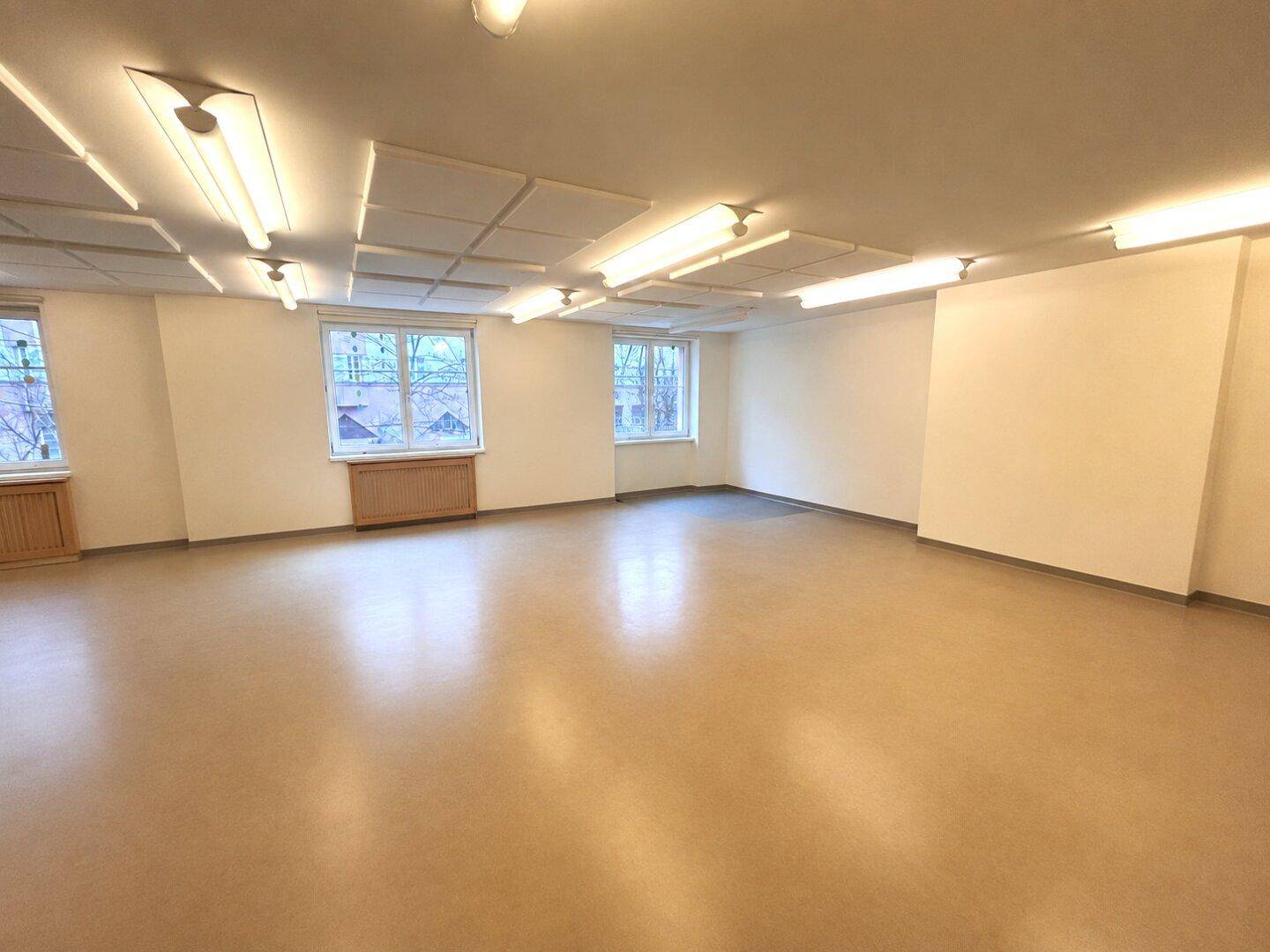Geräumiger, heller Raum mit mehreren Fenstern, Akustikdeckenplatten und funktionaler Beleuchtung.