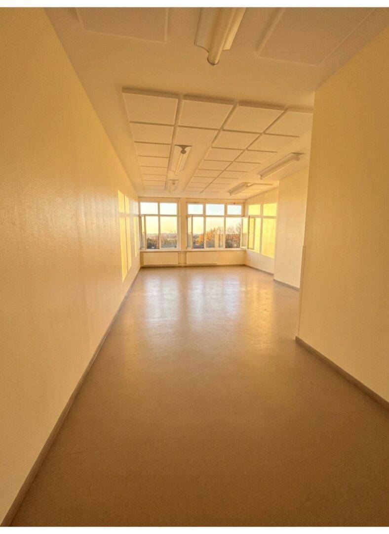 Langer, heller Flur oder Raum mit vielen Fenstern am Ende, die viel natürliches Licht hereinlassen.
