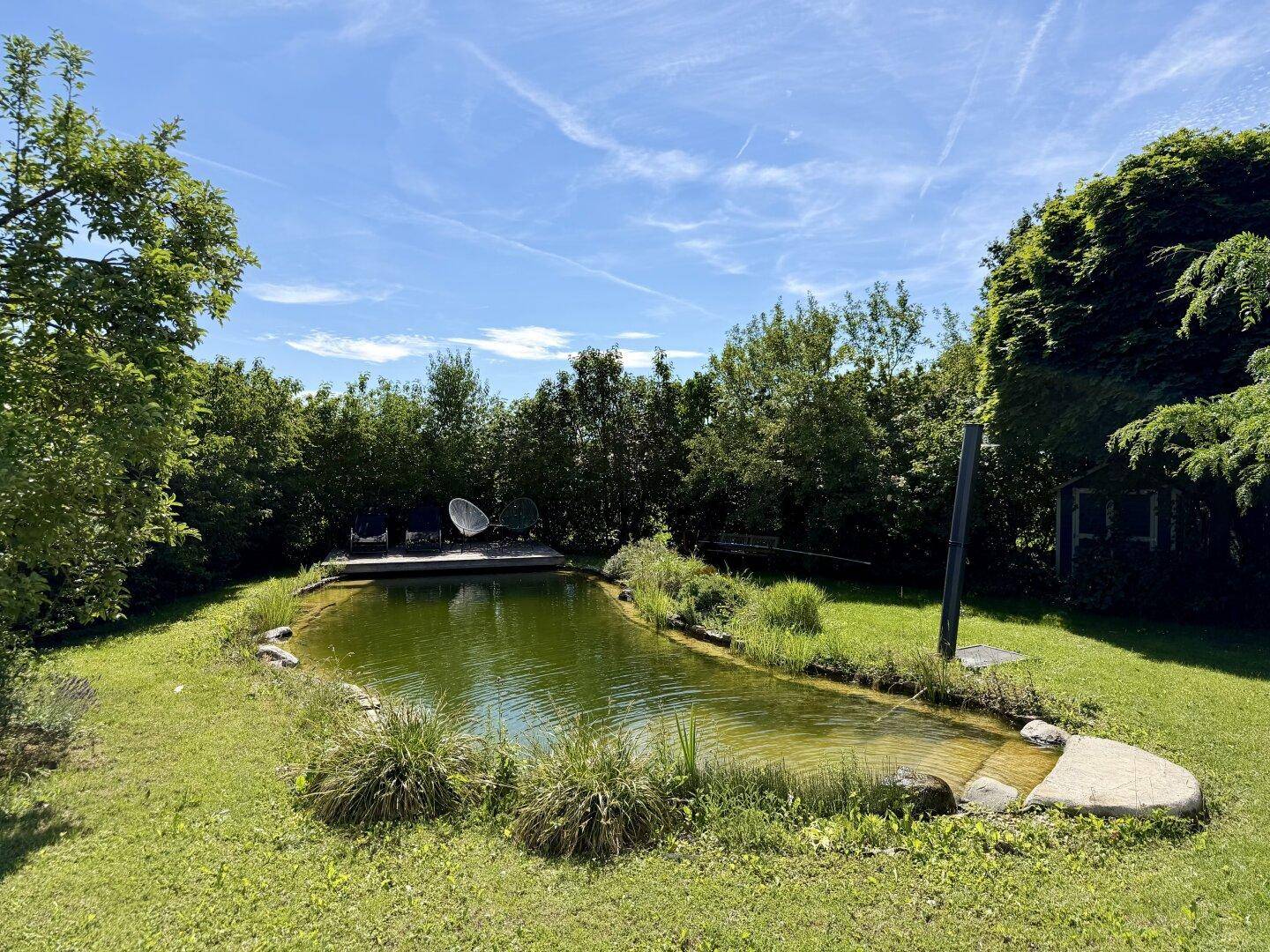 Weitläufiger Blick auf den Gartenteich mit Holzdeck und Liegestühlen, eingebettet in grüne Natur.