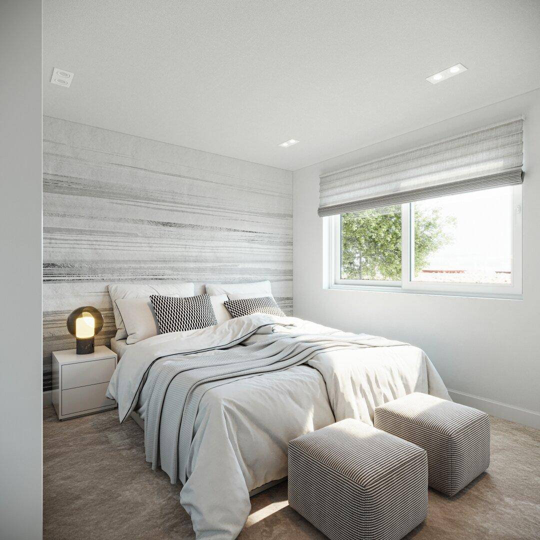 Helles Schlafzimmer mit modernem Design, strukturierten Tapeten und Blick ins Grüne durch das Fenster.