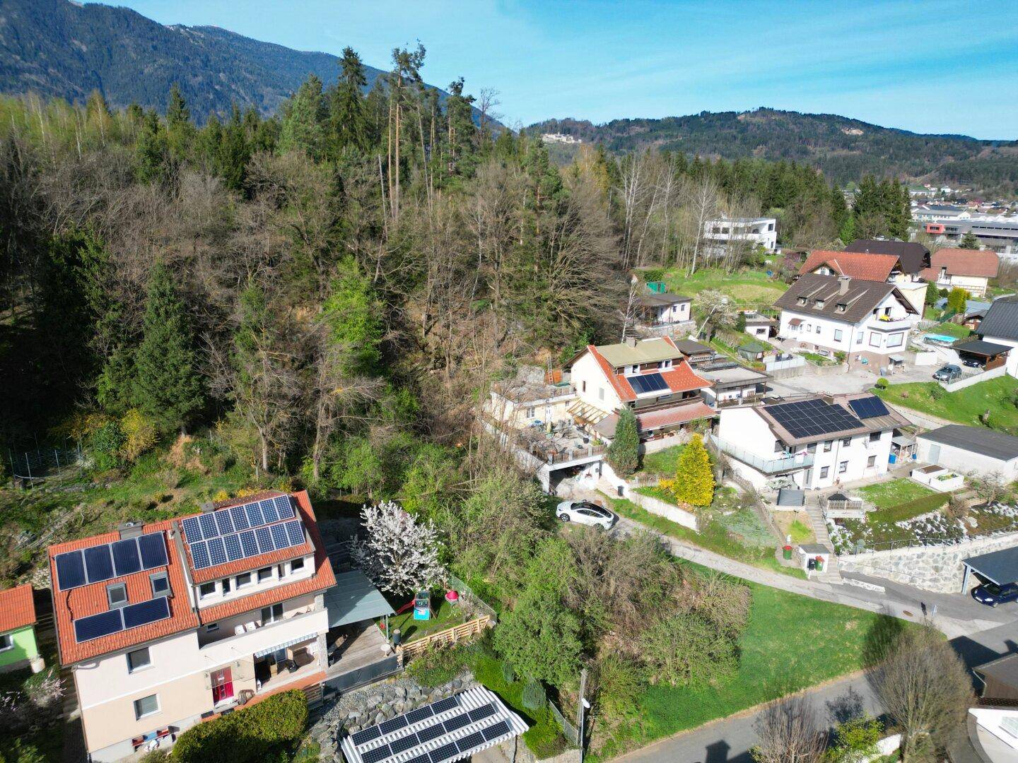 Nahaufnahme einer Wohnsiedlung mit Häusern, die Solaranlagen auf den Dächern und angrenzenden Wald zeigen.