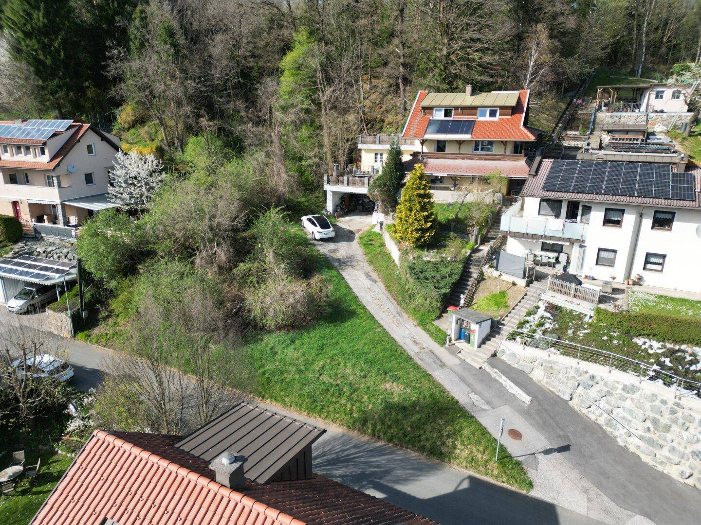 Serpentinenartige Zufahrt zu Häusern am Hang, umgeben von Bäumen und Grünflächen.