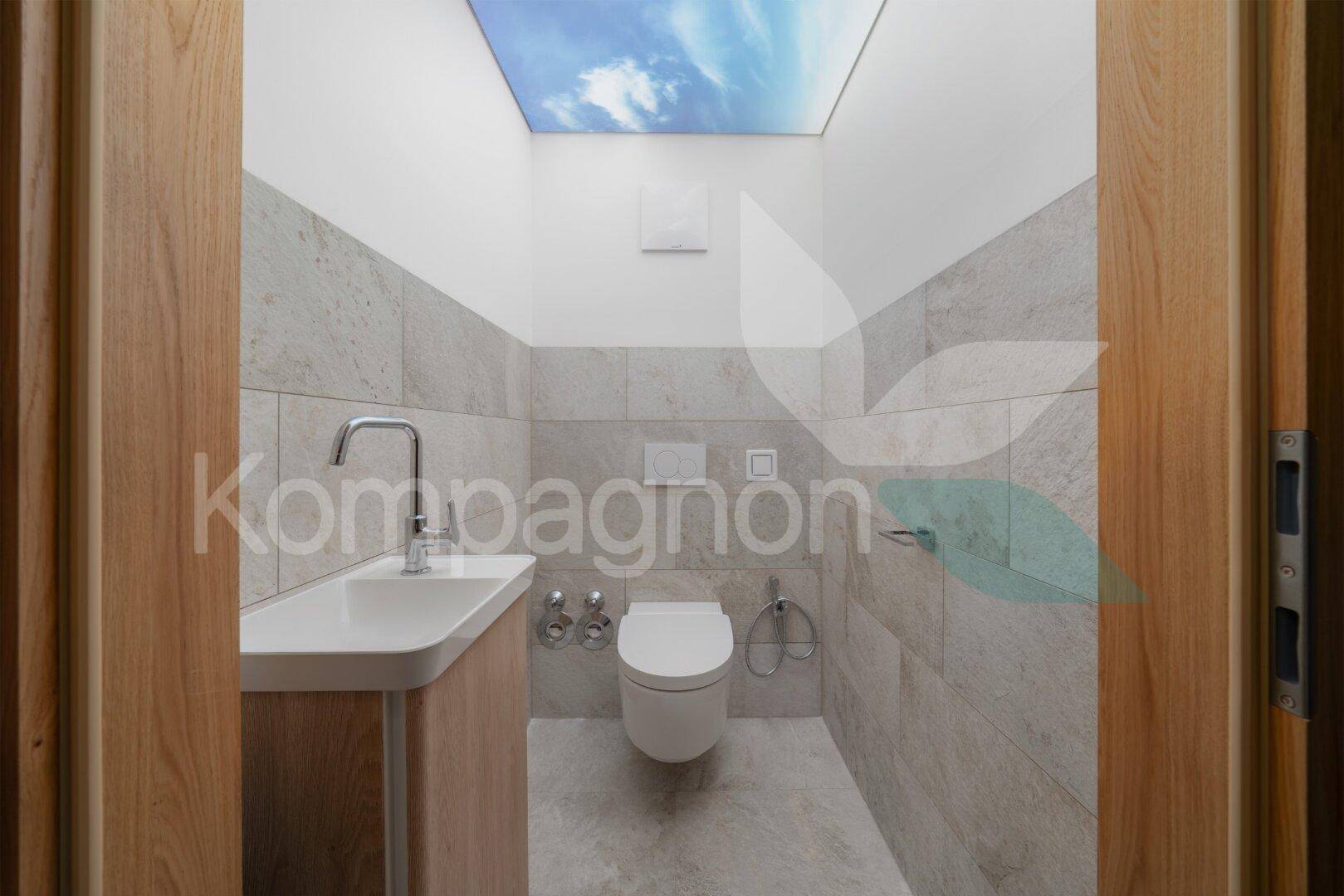 Modernes Gäste-WC mit Wand-WC, Einzelwaschbecken und dekorativer Deckenbeleuchtung.