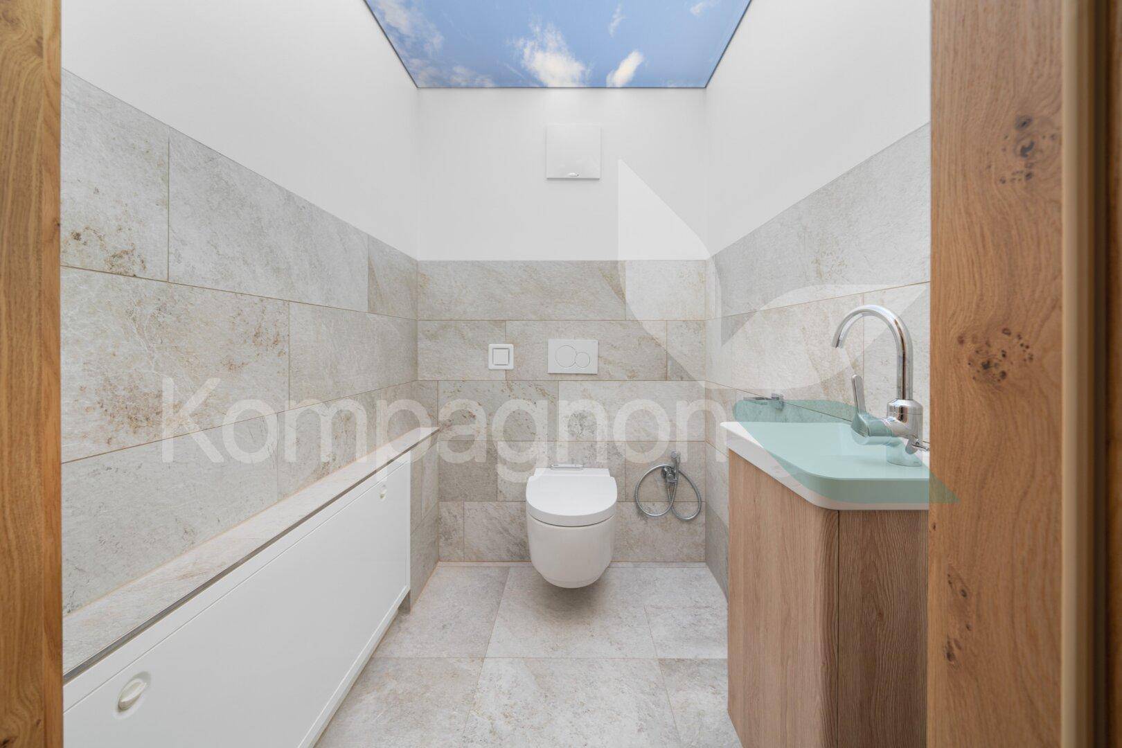 Modernes WC mit Wand-WC, hellgrünem Waschtisch und Deckenbeleuchtung mit Himmelsmotiv.