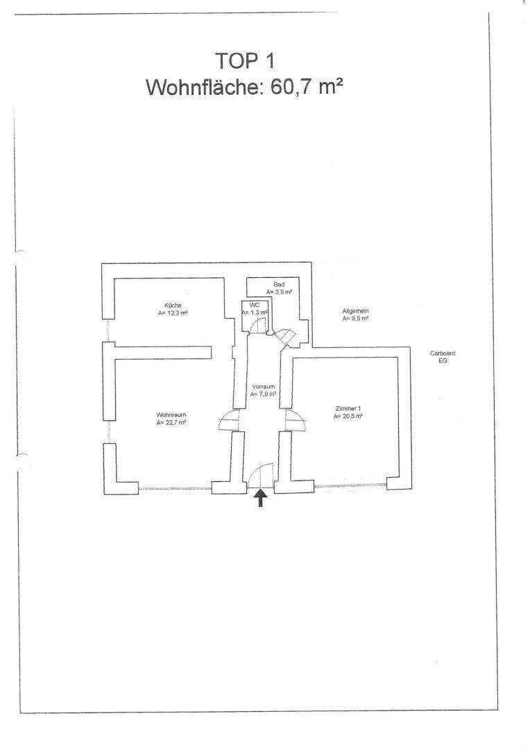 Grundriss der Wohnung TOP 1 mit 60,7 m² Wohnfläche, Küche, Bad und zwei Zimmern.