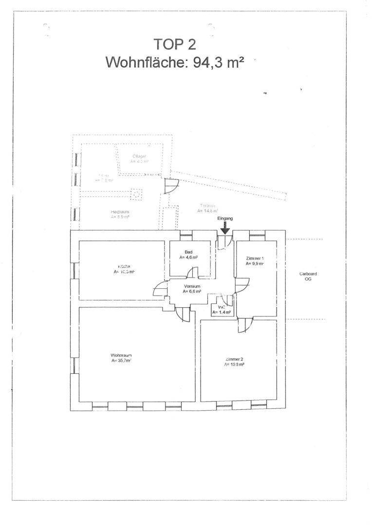 Grundriss der Wohnung TOP 2 mit 94,3 m² Wohnfläche, Küche, Bad, zwei Zimmern und Balkon.