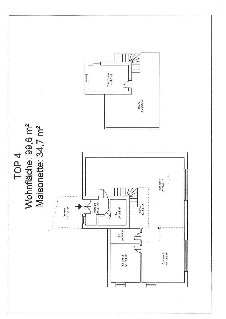 Grundriss der Maisonette-Wohnung TOP 4 mit 99,6 m² Wohnfläche und Terrasse.