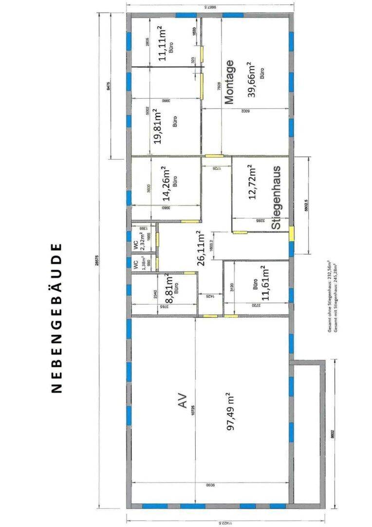 Grundriss eines Nebengebäudes mit verschiedenen Büroräumen und Montageflächen, Gesamtfläche 245,28m².