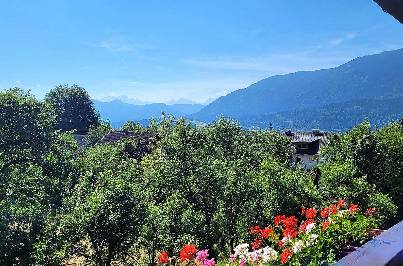 Malerischer Ausblick vom Balkon auf grüne Bäume und ferne Berge unter blauem Himmel.
