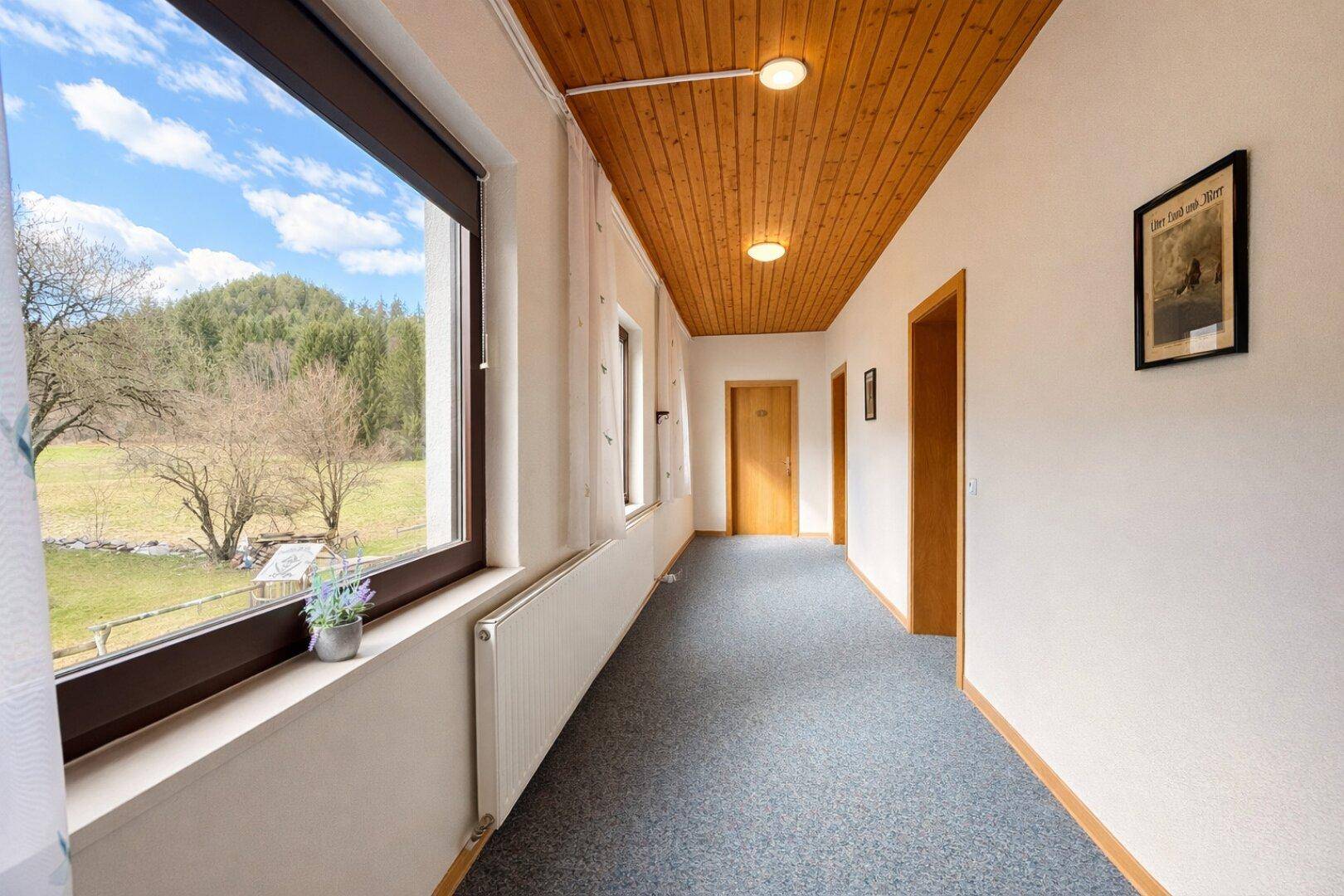 Langer Flur mit Teppichboden, Holzdecke und Fenstern mit Blick ins Grüne.