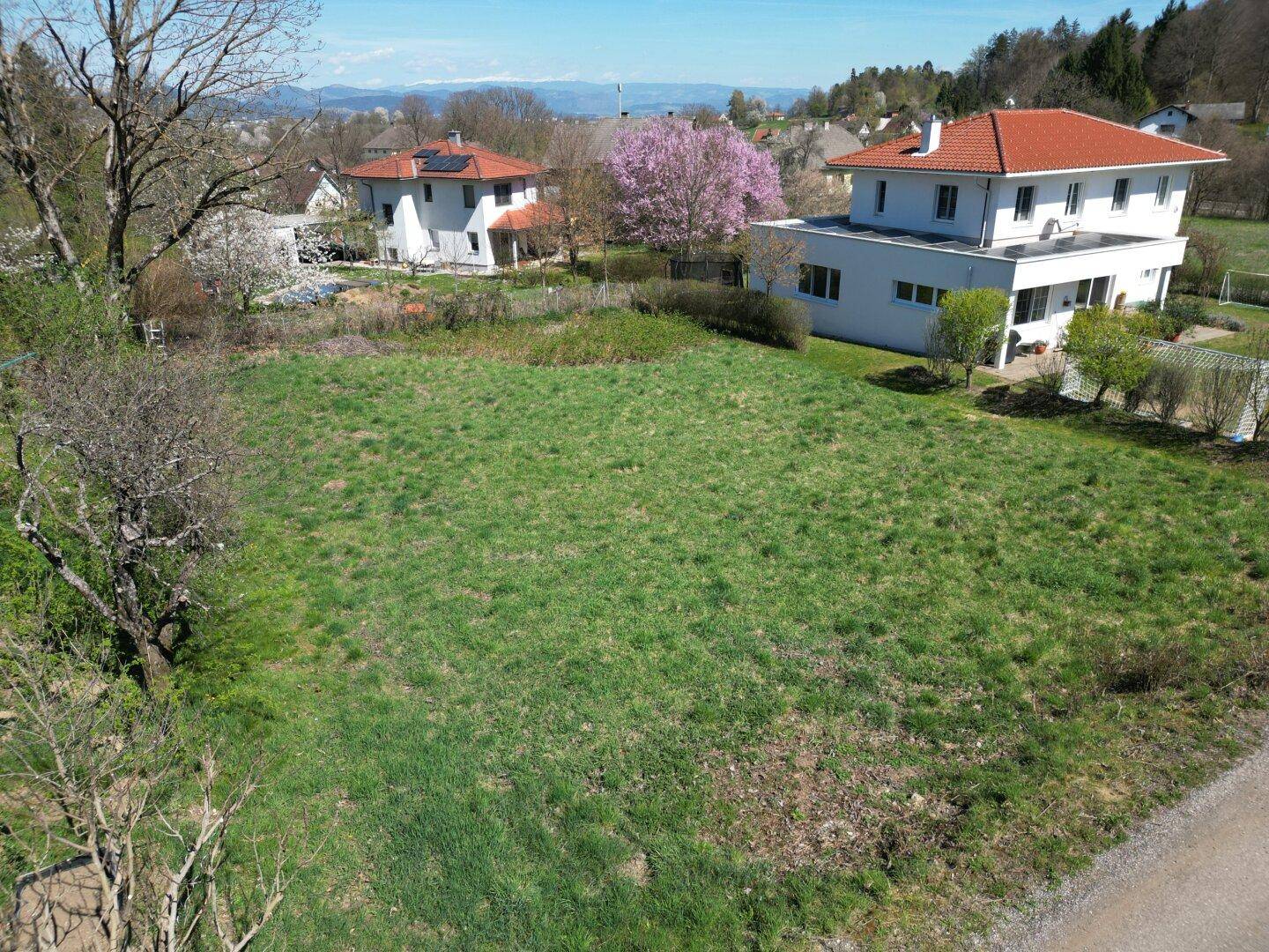 Luftaufnahme eines grünen Grundstücks in einer Wohnsiedlung mit umliegenden Einfamilienhäusern.