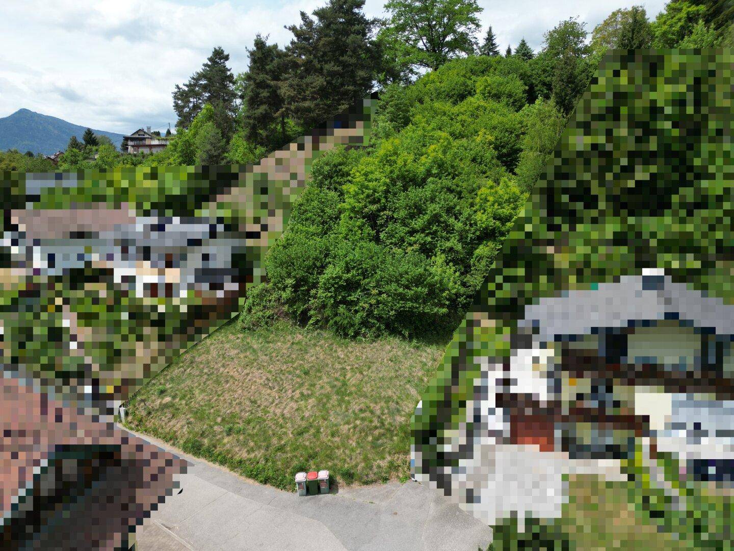 Luftaufnahme eines grünen Grundstücks an einem Hang, umgeben von dichter Vegetation und benachbarten Häusern.