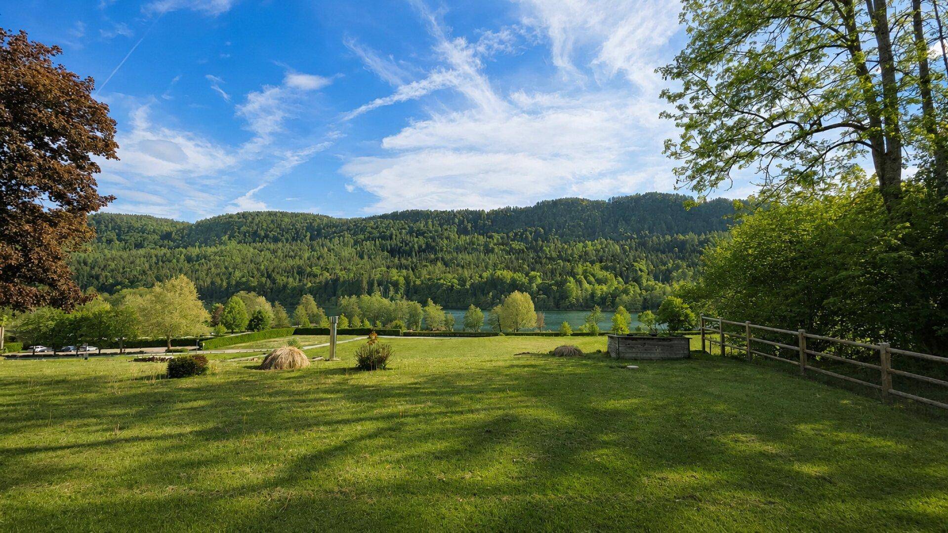 Weitläufiger Garten mit Rasenfläche, Bäumen und einem malerischen Blick auf den See und Wald.