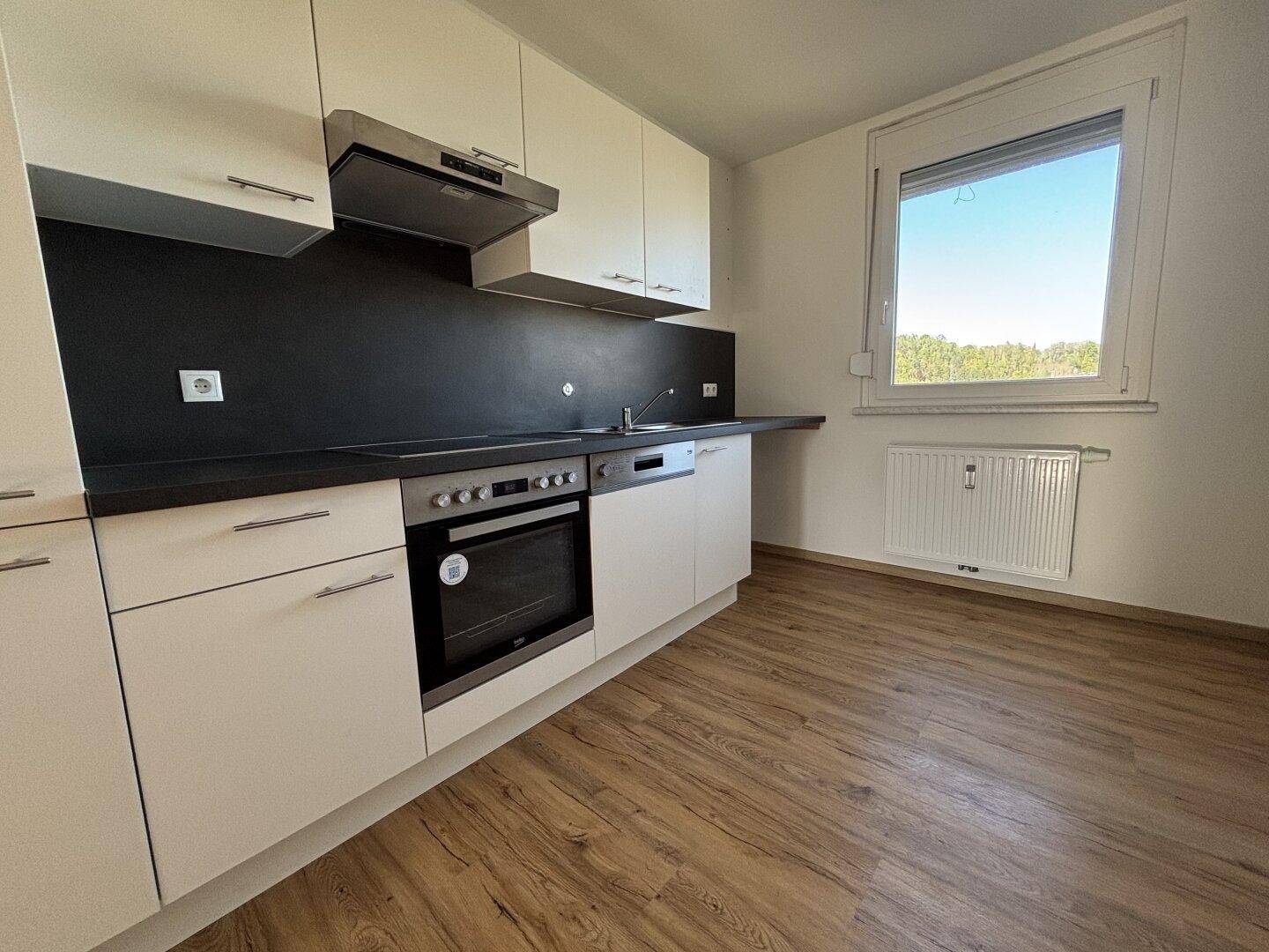 Moderne Küche mit weißen Schränken, schwarzer Arbeitsplatte und integrierten Geräten sowie Fenster.