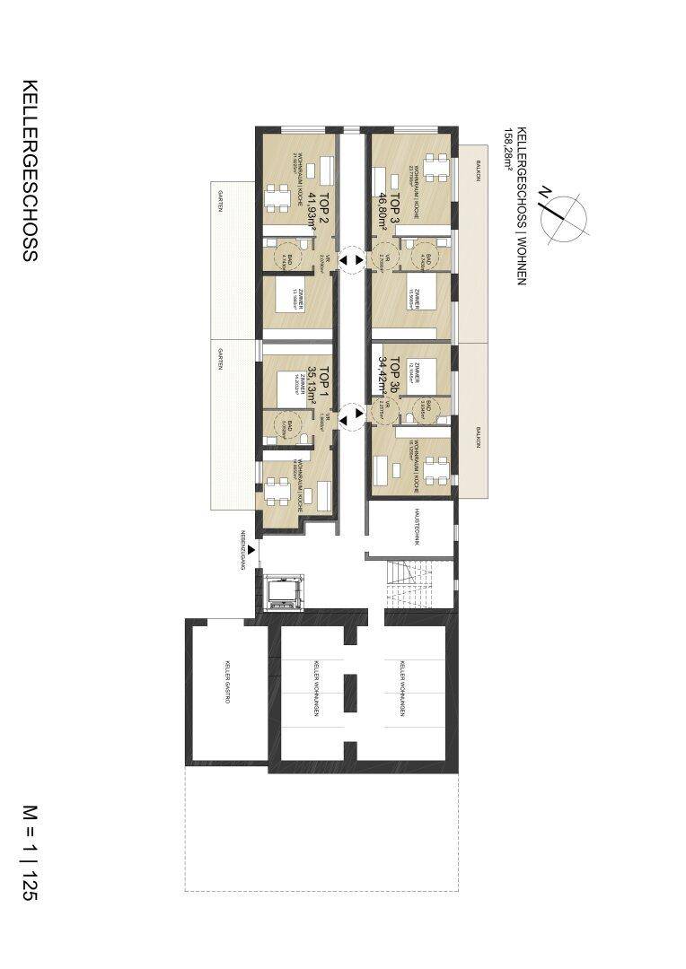 Grundriss des Kellergeschosses mit mehreren Wohneinheiten und zugehörigen Kellerabteilen.