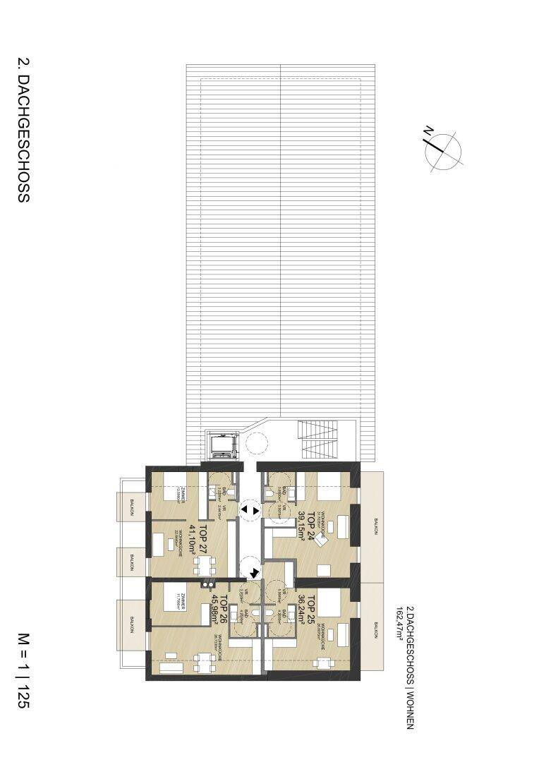 Grundriss des zweiten Dachgeschosses mit Wohnungen, Balkonen und großer Dachfläche.