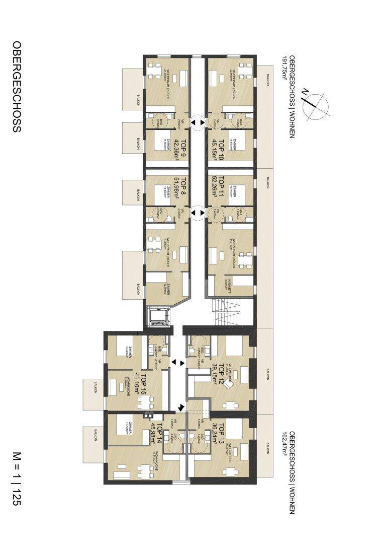 Grundriss des Obergeschosses mit mehreren Wohneinheiten und privaten Balkonen.