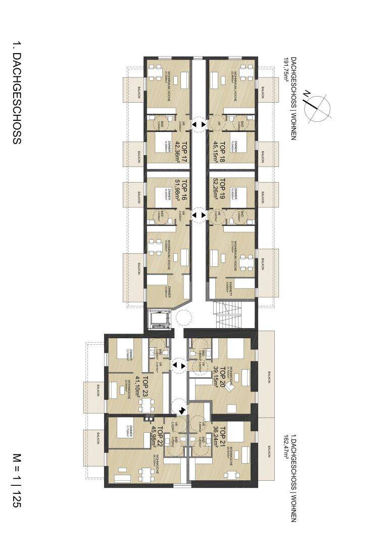 Grundriss des ersten Dachgeschosses mit mehreren Wohnungen und Balkonzugang.