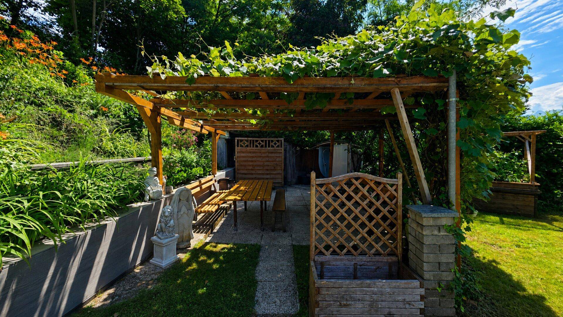 Überdachter Essbereich im Garten unter einer mit Weinreben bewachsenen Pergola.
