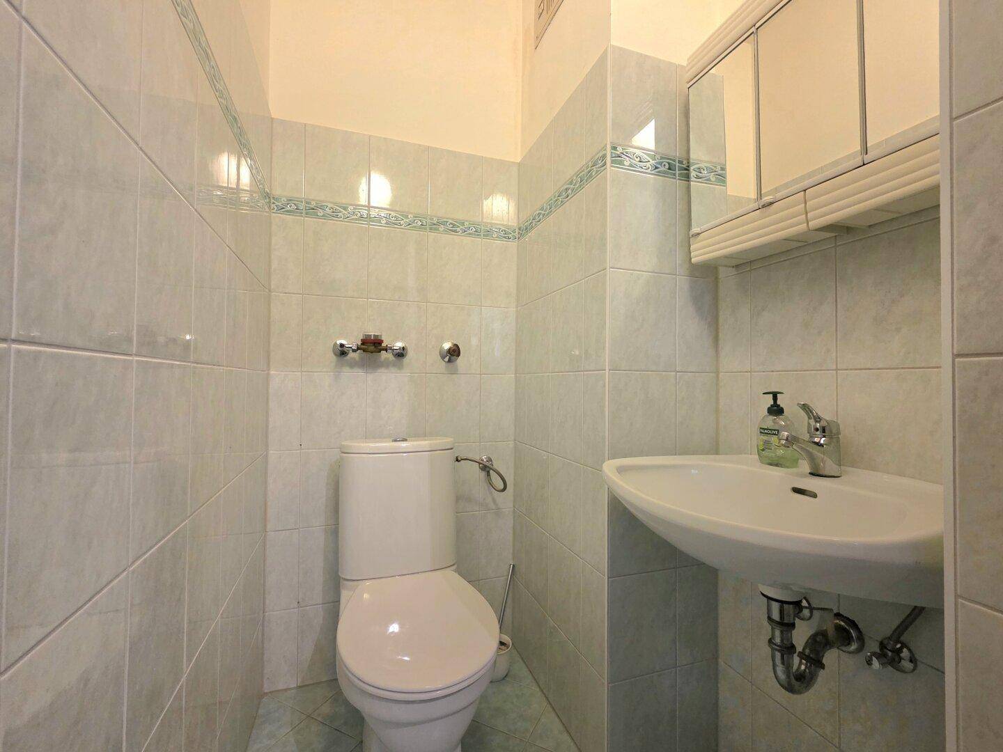 Separates Gäste-WC mit Fliesen, Waschbecken und Spiegelschrank.