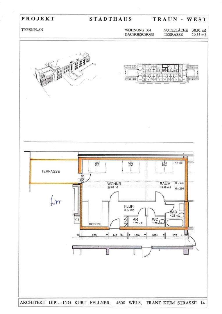 Grundriss einer Dachgeschosswohnung mit Wohnzimmer, Schlafzimmer, Bad und Terrasse.