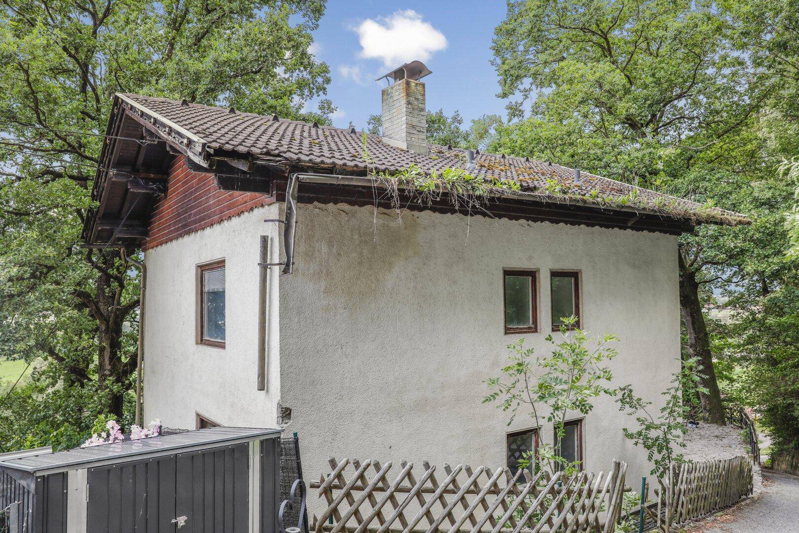 Rückansicht des Hauses mit Ziegeldach, Schornstein und üppiger Vegetation auf dem Dach.