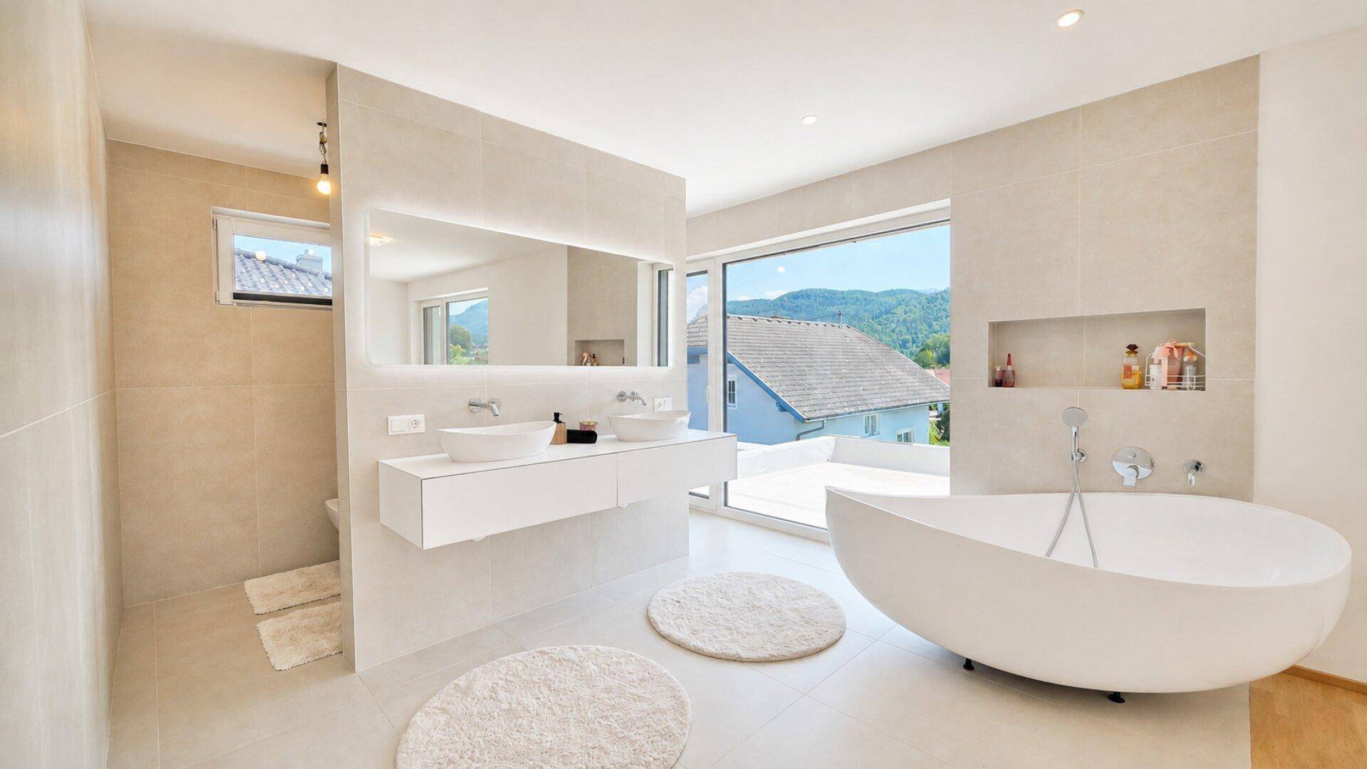 Elegantes Badezimmer mit freistehender Badewanne, Doppelwaschbecken und Panoramablick.