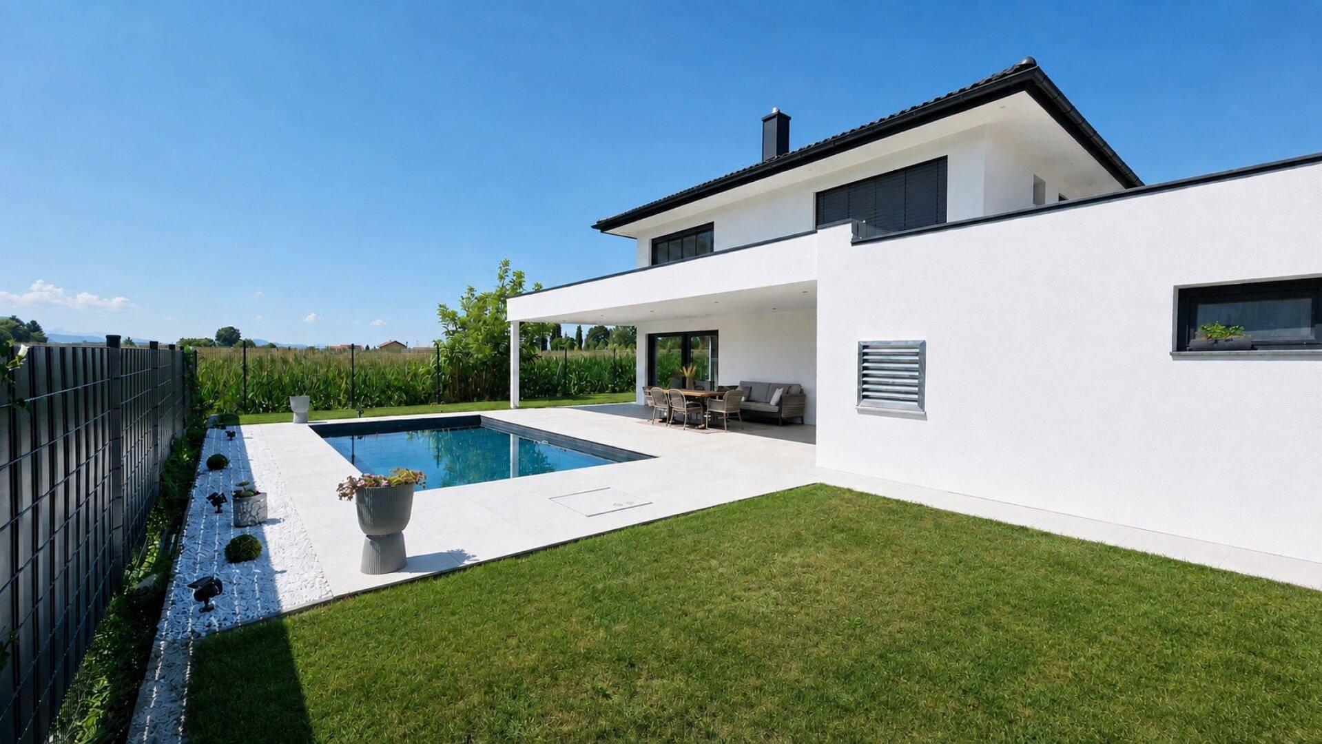Großzügiger Gartenbereich mit Pool, Liegefläche und moderner Hausfassade.