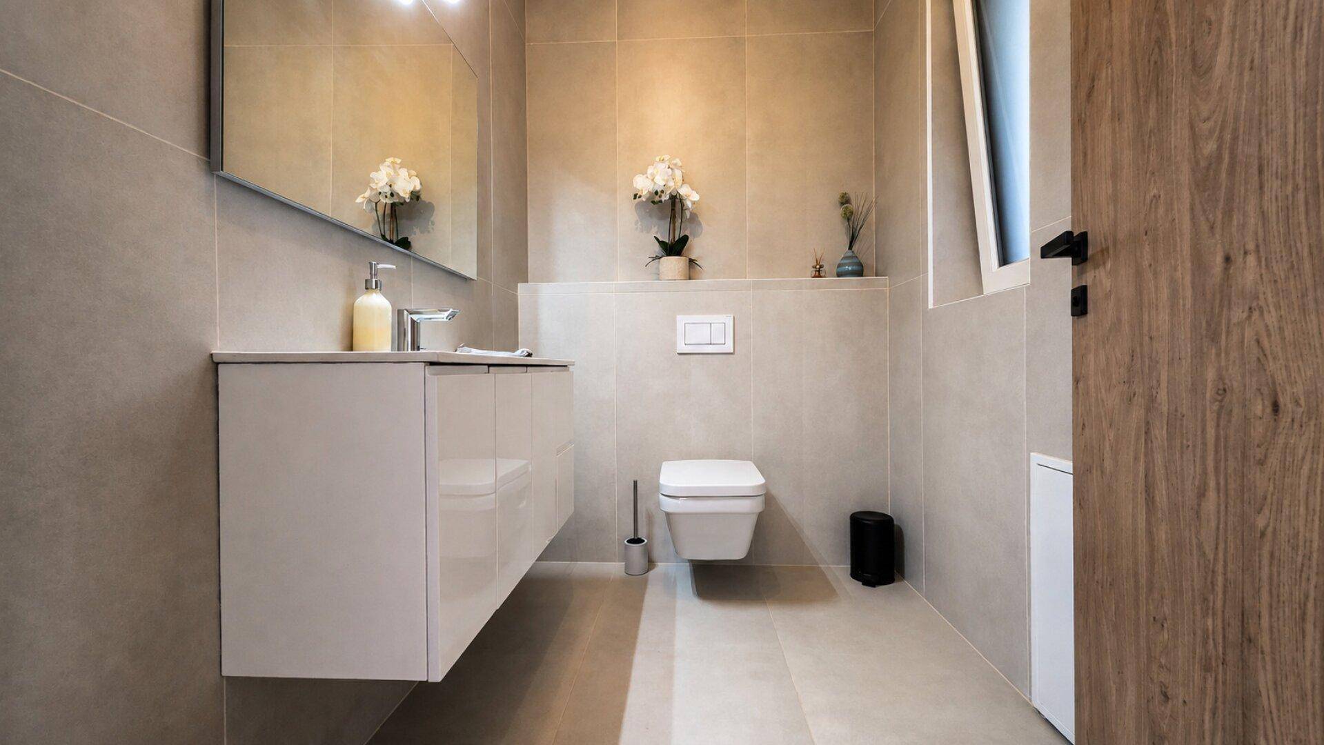 Modernes Gäste-WC mit schwebendem Waschtisch, Wand-WC und hellen Fliesen.