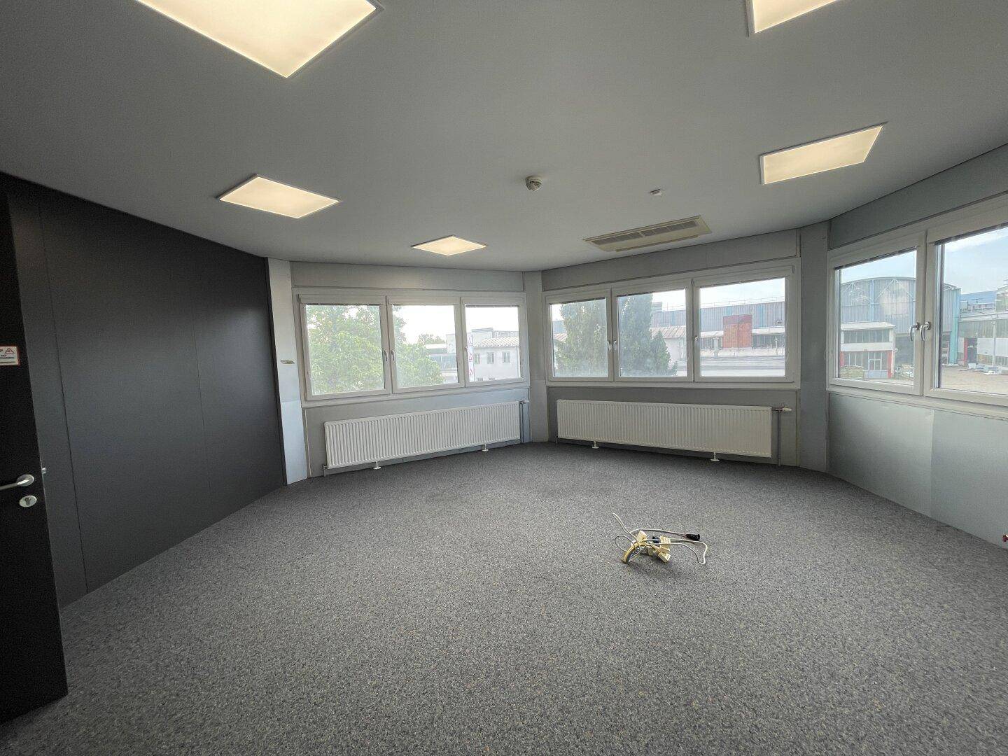 Leeres Büro mit Teppichboden, großen Fenstern und Deckenbeleuchtung.