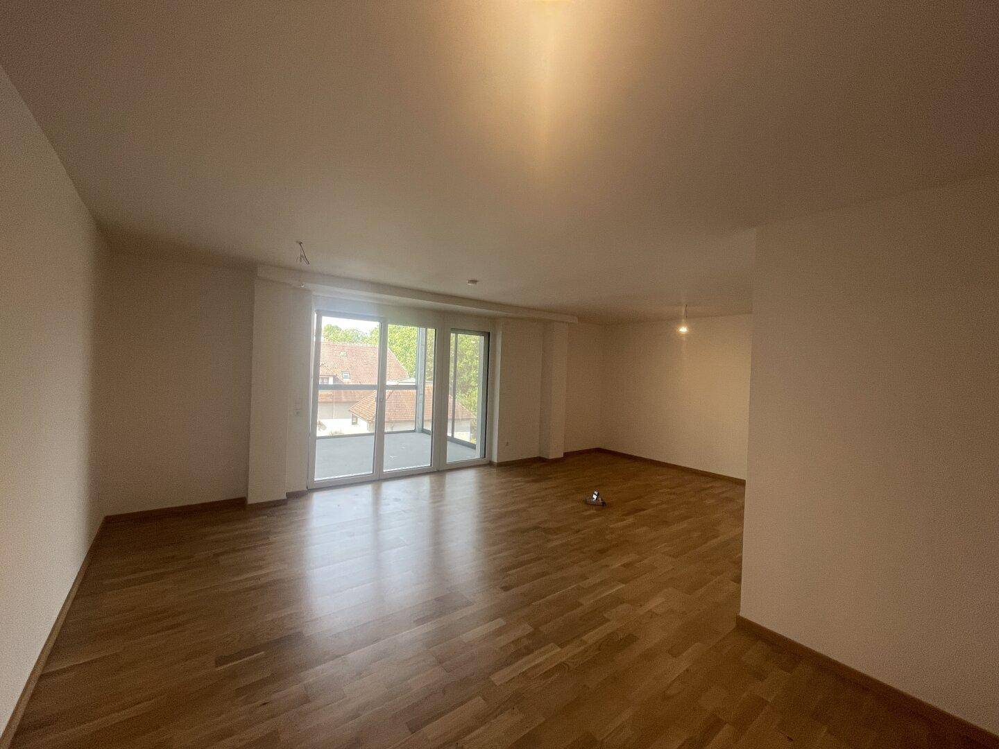 Großzügiger Wohnbereich mit Holzfußboden und breiter Glasfront zum Außenbereich, lichtdurchflutet.