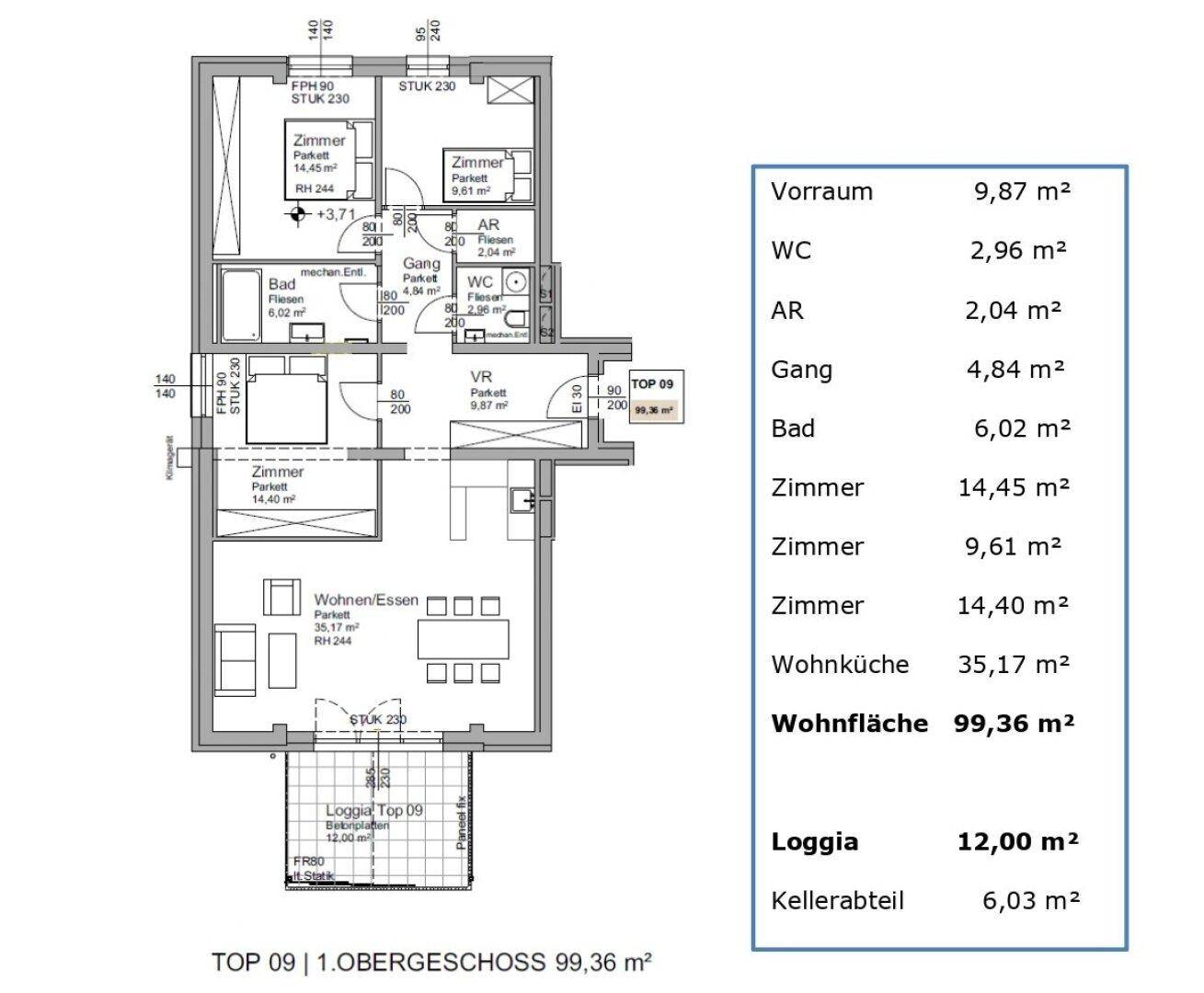 Übersichtlicher Grundriss der Wohnung mit allen Zimmern und der Loggia.