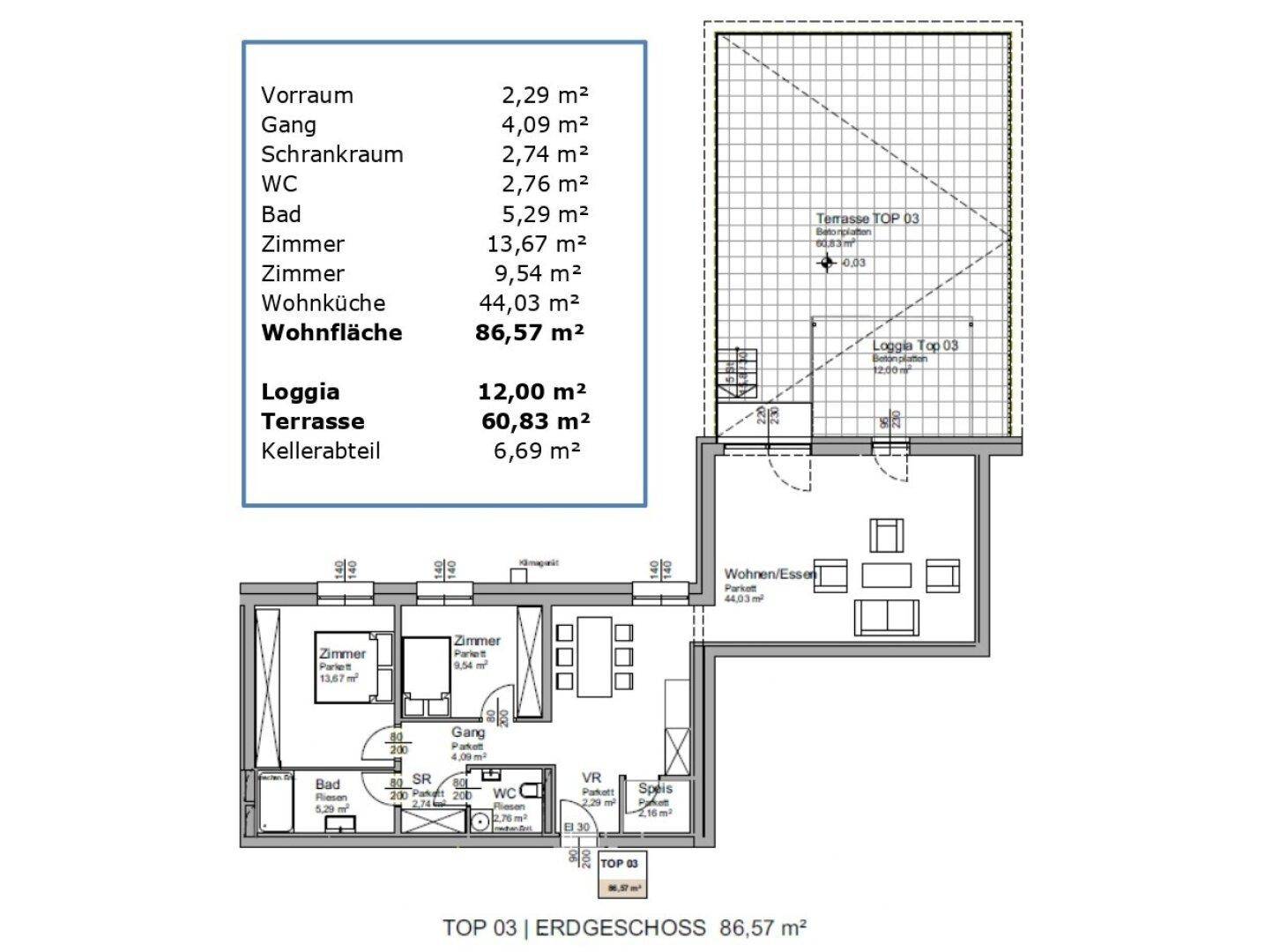 Grundriss des Erdgeschosses mit Wohnküche, Zimmern, Bad, WC, Loggia und Terrasse.