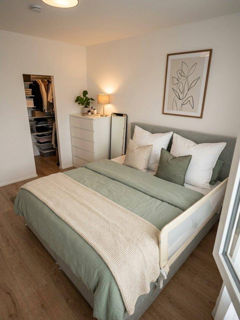 Helles Schlafzimmer mit Doppelbett, Holzfußboden und offenem Zugang zu einem begehbaren Kleiderschrank.