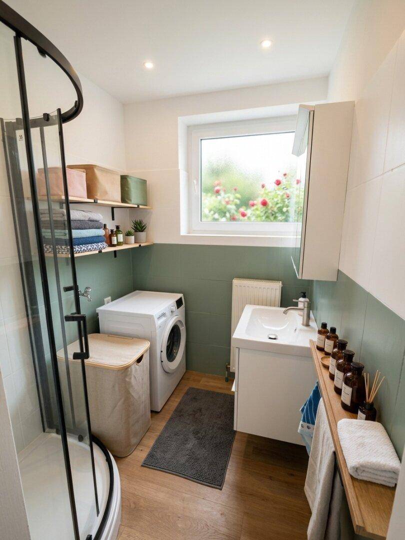 Modernes Badezimmer mit Dusche, Waschmaschine und Fenster mit Blick auf blühende Rosen.