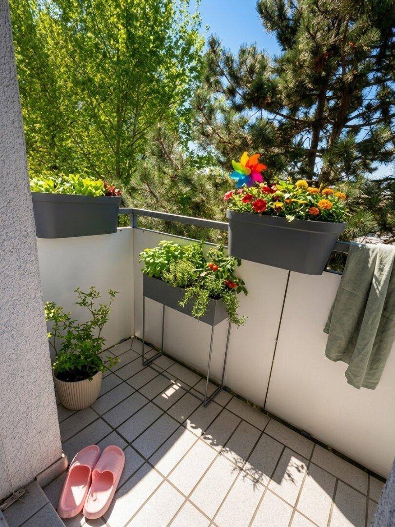 Sonniger Balkon mit verschiedenen Pflanzen in Kübeln und Blick auf grüne Bäume.