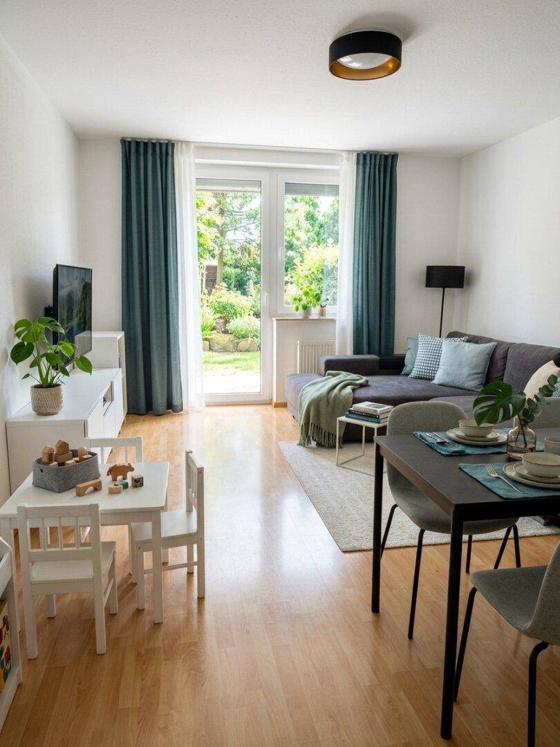 Heller Wohn-Essbereich mit Sofa, Esstisch und direktem Zugang zum Garten.